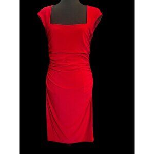 Lauren Ralph Lauren Midi Dress Women Red, size 10 Cap Sleeve Ruched Square Neckl